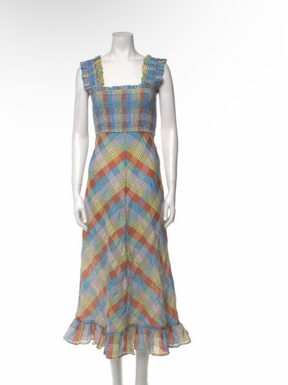 Ganni Multicolor Chevron Smocked Midi Dress - Blue, Orange, Green